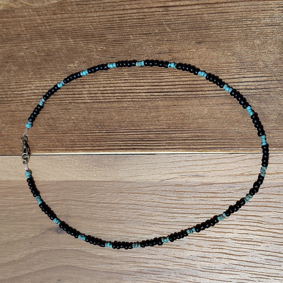 Black and Turquoise Beaded Necklace, Handmade Men's Necklace, Black - Picture 4 of 6